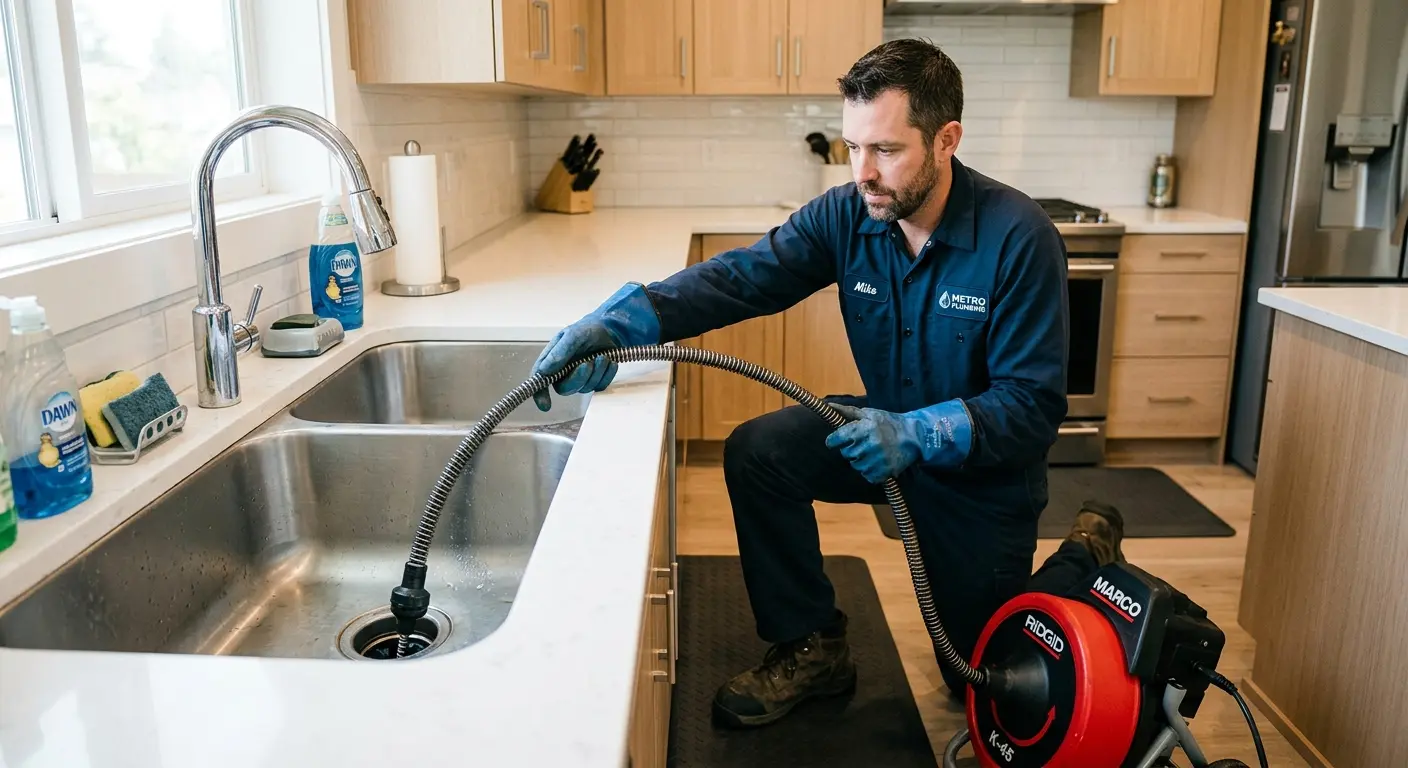 Drain cleaning technician using a motorized snake on a kitchen sink in Rotonda