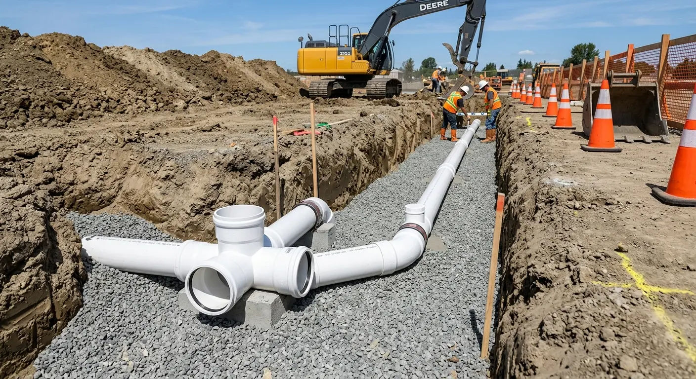 New PVC sewer pipe installation in open trench for Sewer Backup in Rotonda