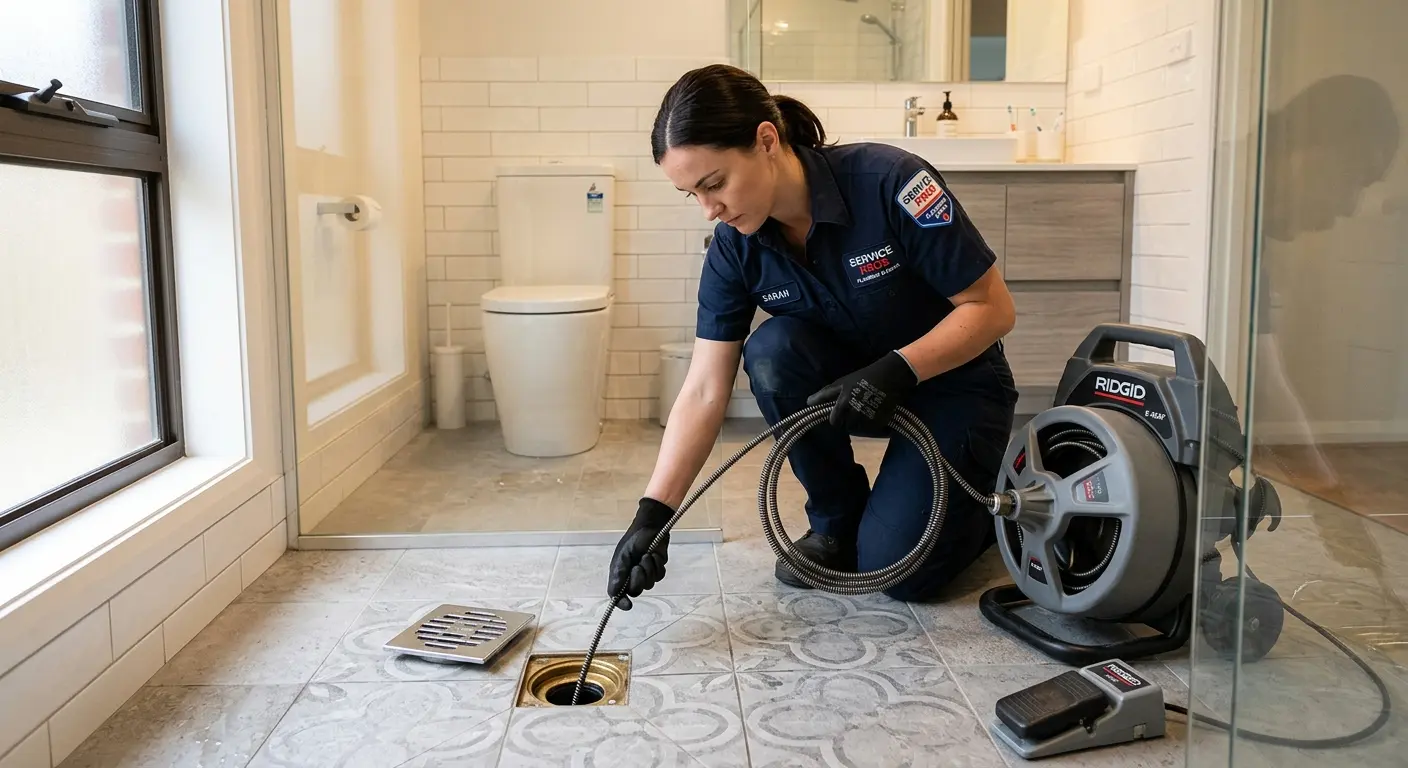 Technician clearing a bathroom floor drain for Sewer Line Replacement in Rotonda